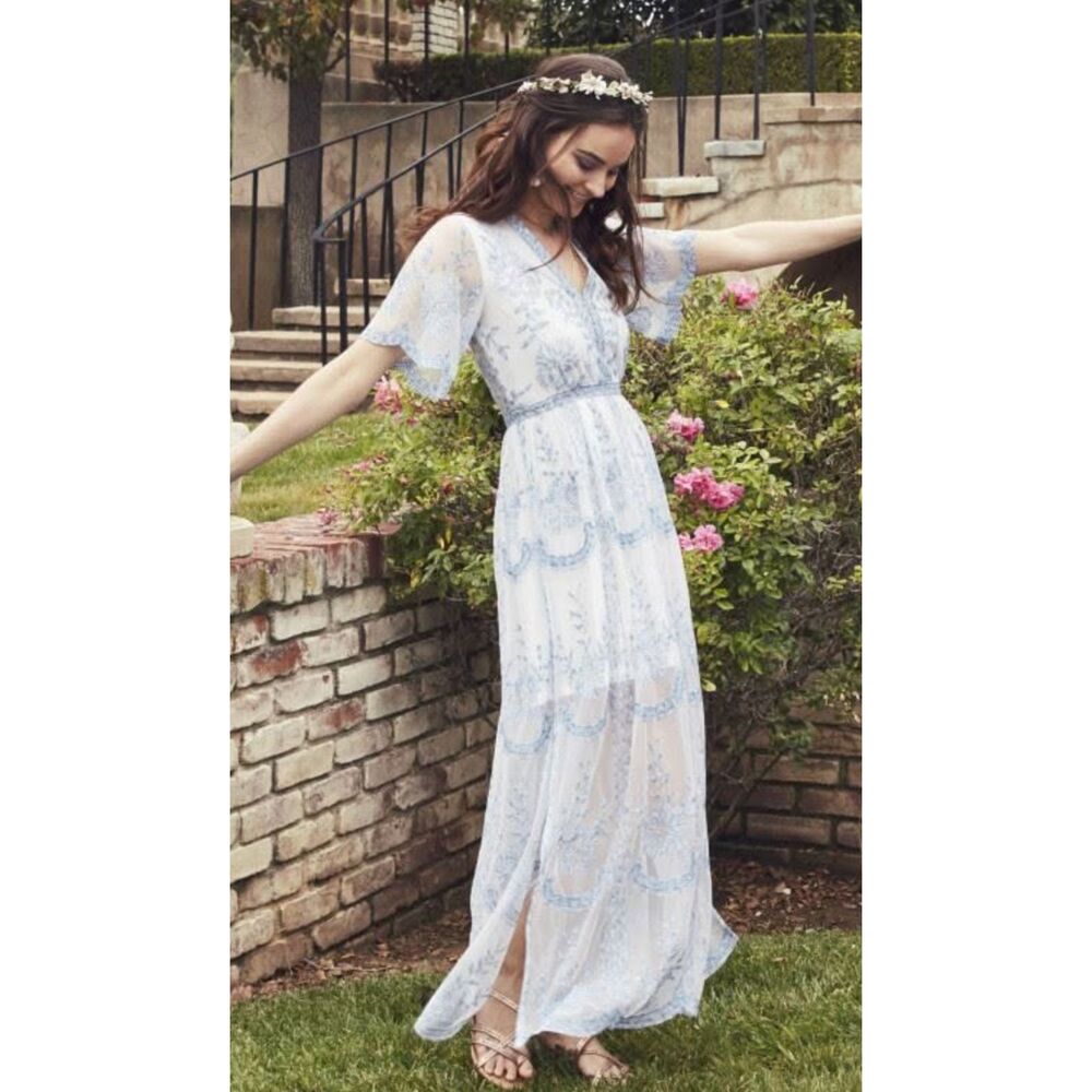 Altar'd State Catania Blue Floral Lace Embroidered Maxi Dress Size Medium